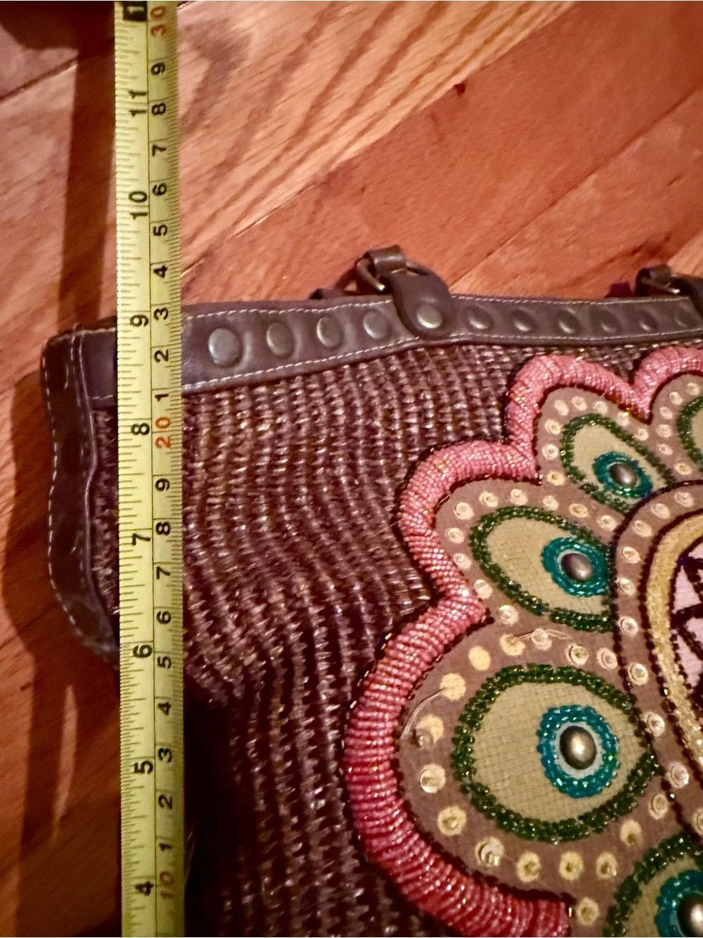 Isabella Fiore Brown Woven Shoulder Bag Beaded Mandala Pink & Green